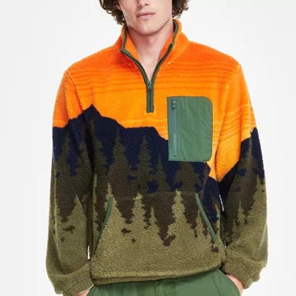 Sun + Stone Men's Terrain Sherpa Fleece Quarter Zip‎ Orange Green Medium New